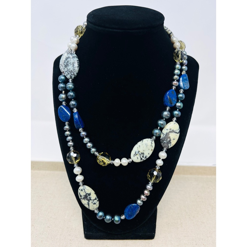 Lapis Lazuli Dalmatian Jasper and Pearl Long Strand Beaded Necklace